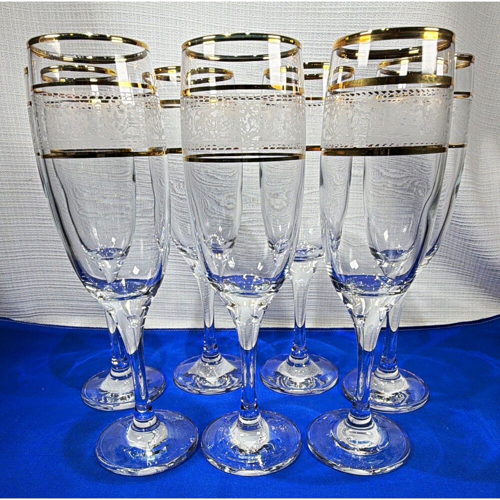 Vintage Libbey Lace Gold Trim Champagne Flutes Toasting Glasses Set of 7 1960s